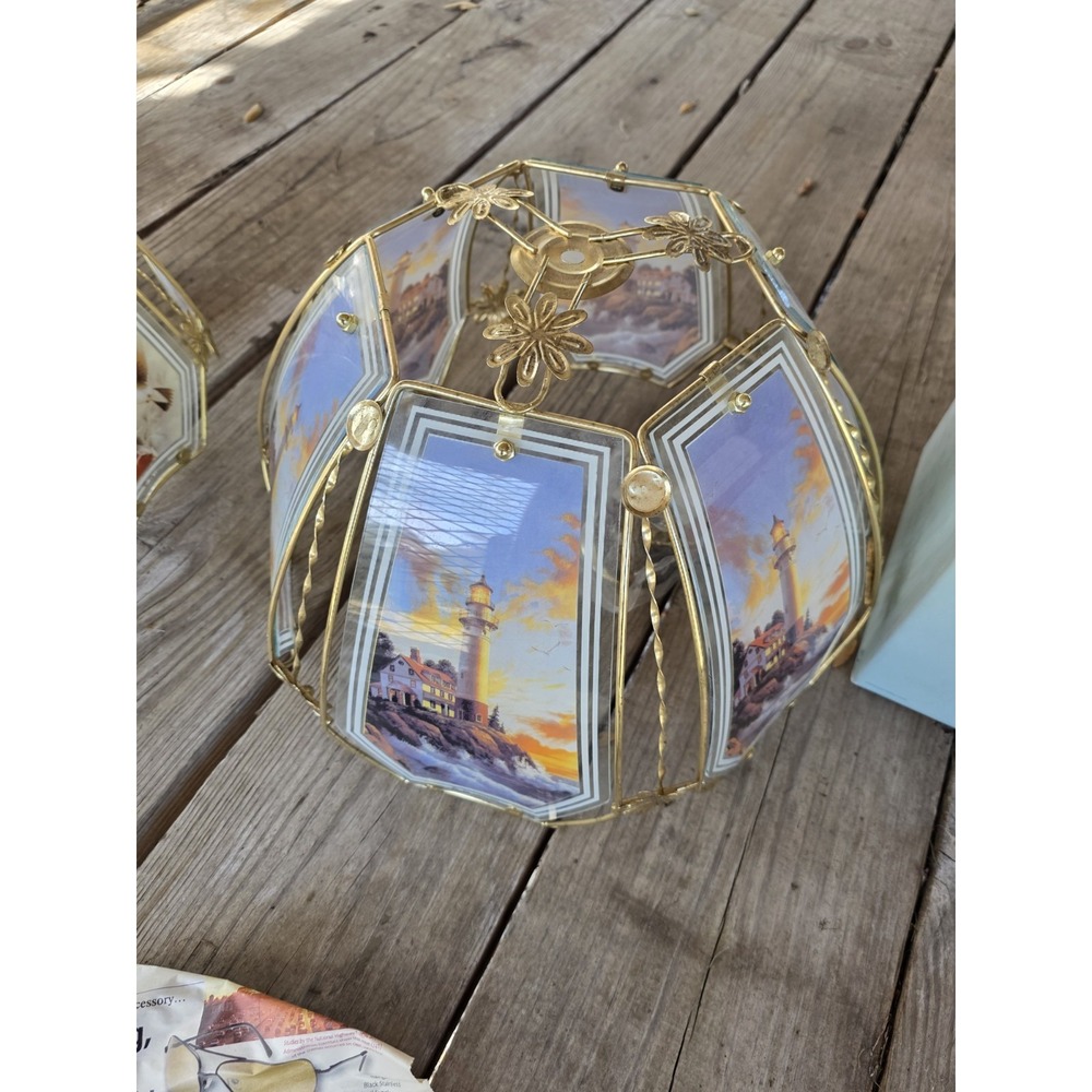 Vintage OK Lighting Brass Glass Lamp Shade Octagon Hummingbird Lighthouse Panels